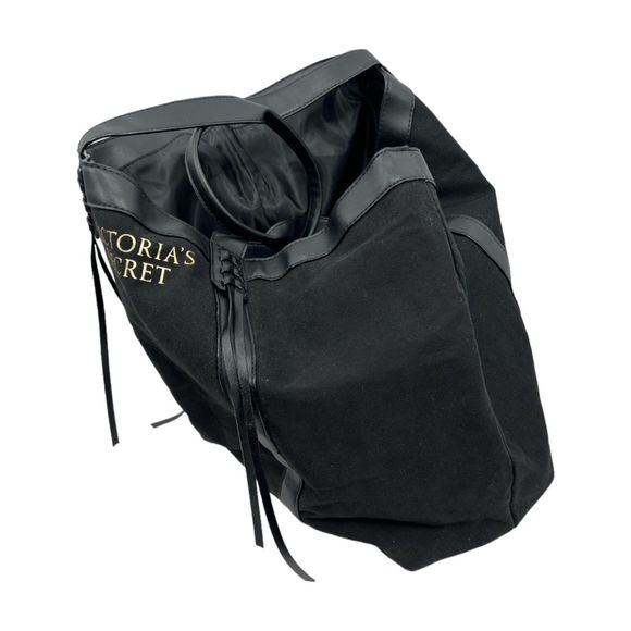 Victoria's Secret Tote Black large no close bag braided tassel gold logo travel - Picture 3 of 9